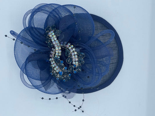 Navy fascinator with horsehair flower and vintage jewel