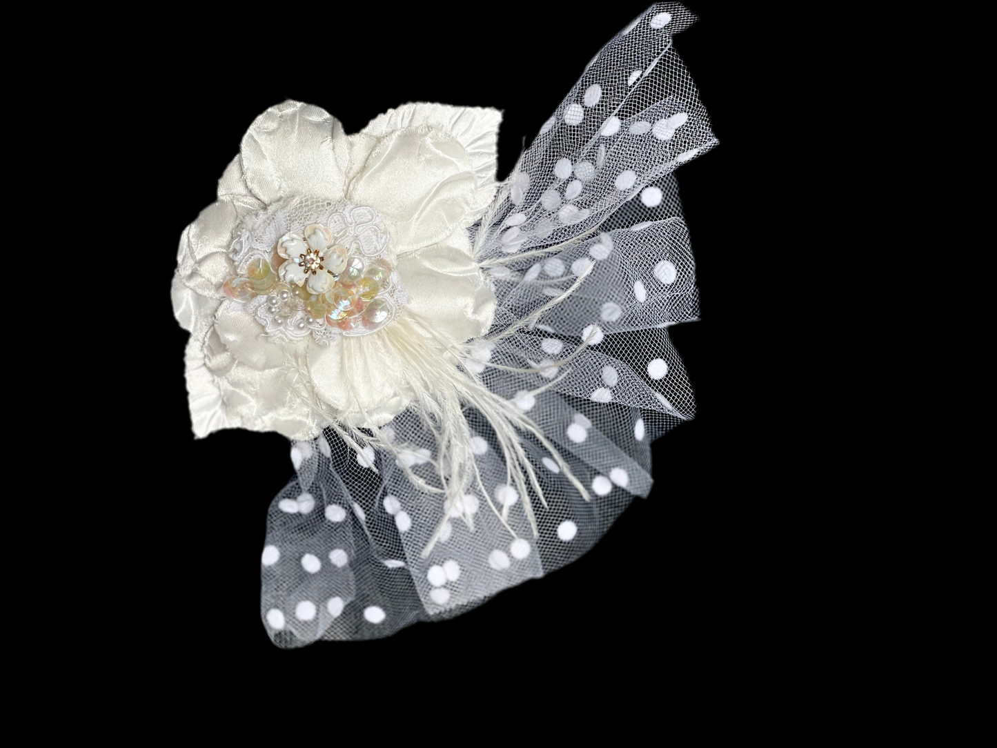 Floral wedding pin w netting and feathers