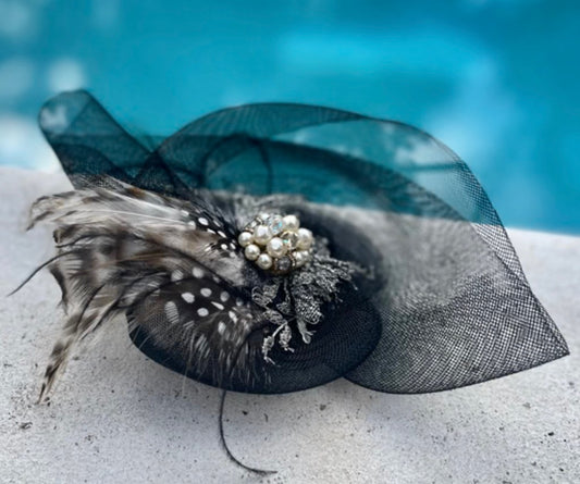 Black fascinator w feathers and vintage lace bejeweled center