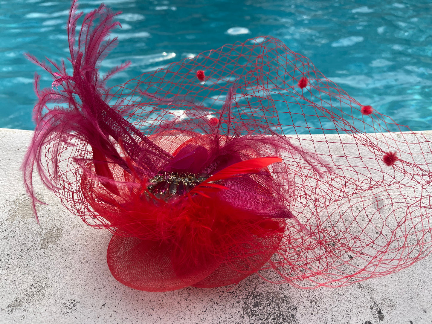 Red and magenta fascinator w birdcage