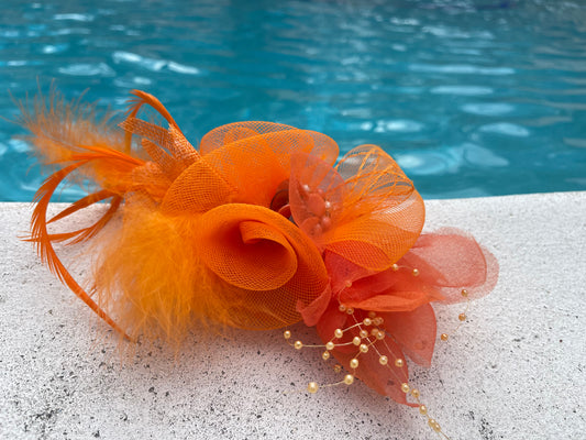Orange fascinator w feathers and jewels